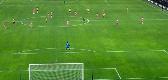 Aymeric Laporte pictured shooting from his own half to score with a 70-yard free-kick for Al Nassr against Inter Miami in February 2024